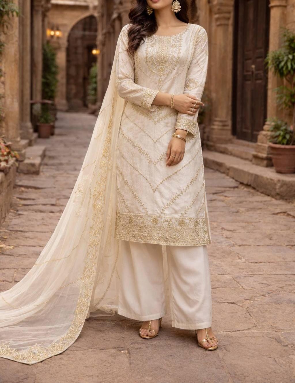 Elegant Silk Embroidered Kurta Palazzo Suit Set with Dupatta – Festive Wear