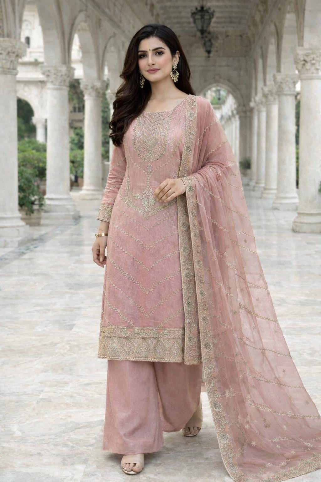 Luxury Friendly Silk Embroidery Sequence Work Kurta Palazzo Set with Dupatta