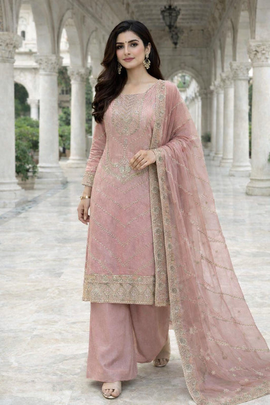 Luxury Friendly Silk Embroidery Sequence Work Kurta Palazzo Set with Dupatta