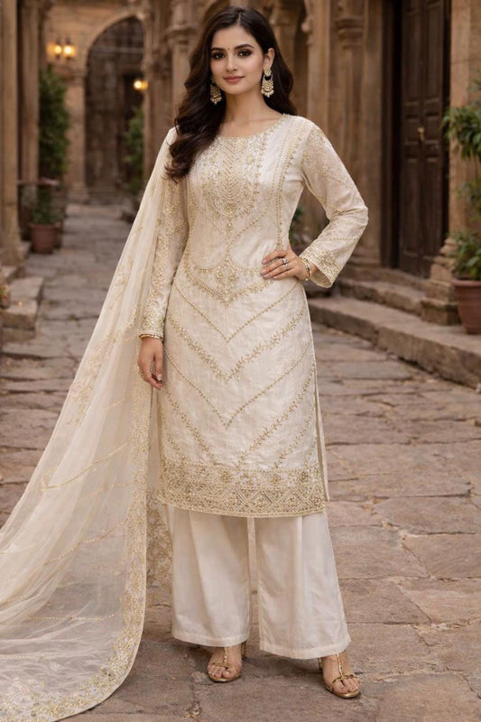Elegant Silk Embroidered Kurta Palazzo Suit Set with Dupatta – Festive Wear