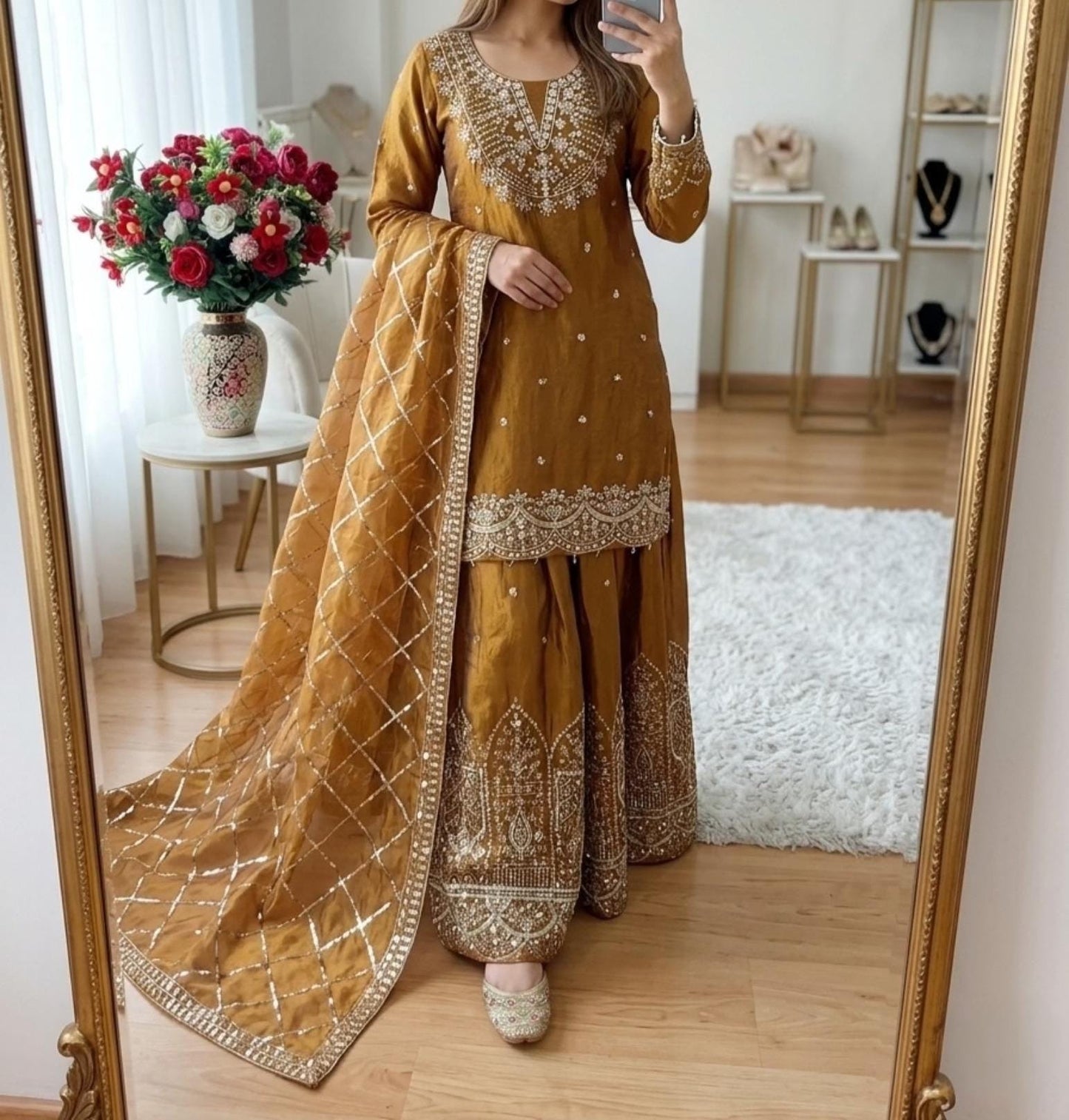 Luxury Silk Embroidered Sharara Suit Set with Dupatta for Wedding & Festive Wear