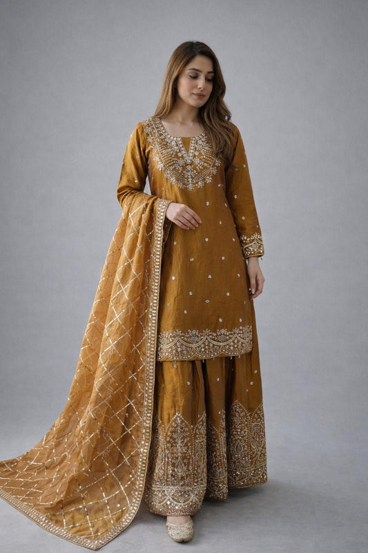 Luxury Silk Embroidered Sharara Suit Set with Dupatta for Wedding & Festive Wear