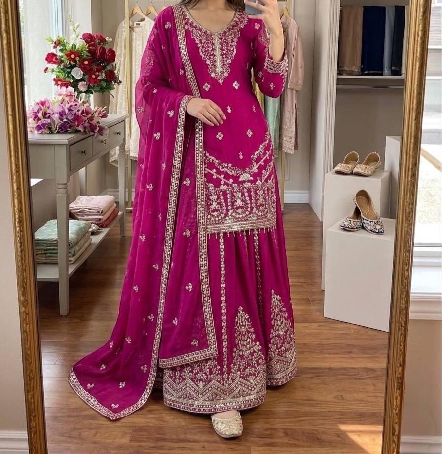 Silk Palazzo Suit Set with Embroidery and Sequins | Wedding Party Wear Kurta Dupatta