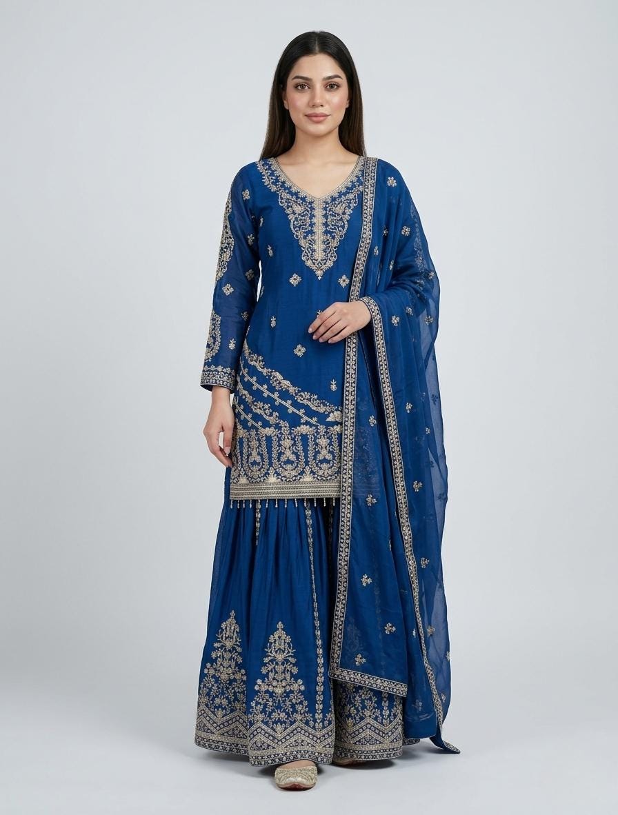 Silk Palazzo Suit Set with Embroidery and Sequins | Wedding Party Wear Kurta Dupatta