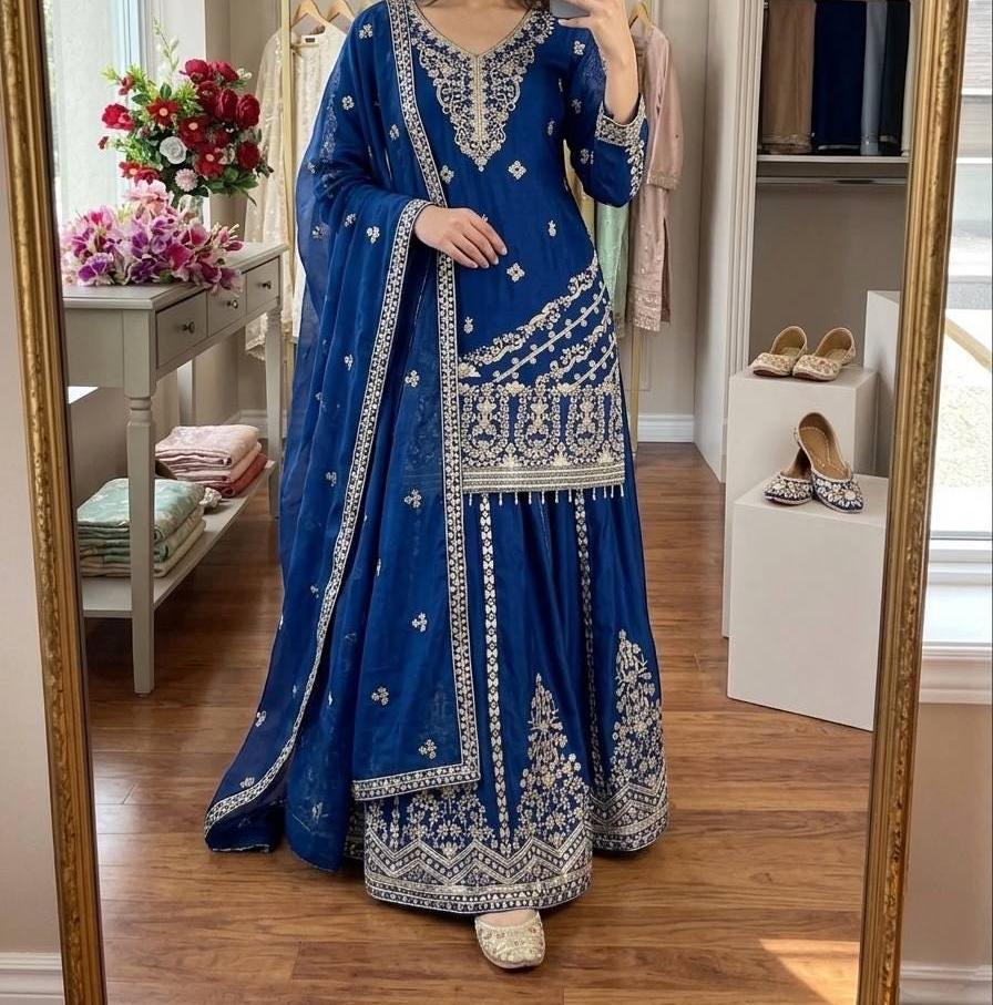 Silk Palazzo Suit Set with Embroidery and Sequins | Wedding Party Wear Kurta Dupatta