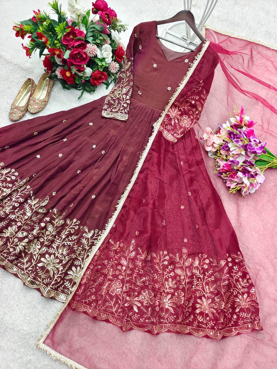 Designer Anarkali Dress | Silk Sequin Embroidery Gown with Net Dupatta | Bollywood Style Wedding Outfit