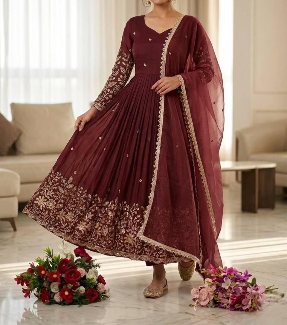 Designer Anarkali Dress | Silk Sequin Embroidery Gown with Net Dupatta | Bollywood Style Wedding Outfit