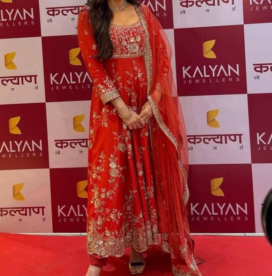 Red Georgette Anarkali Gown Set with Sequin Embroidery | Bollywood Wedding Outfit