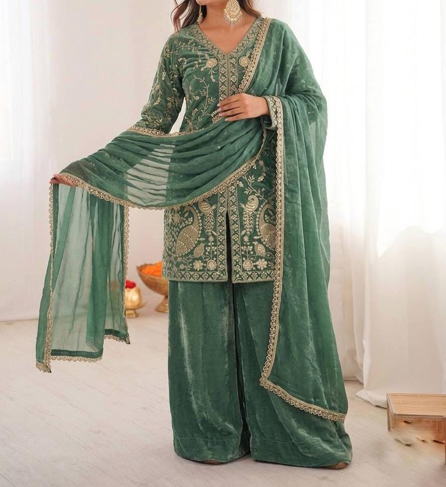 Ethnic Palazzo Set | Silk Embroidered Kurta with Dupatta | Wedding Guest Outfit
