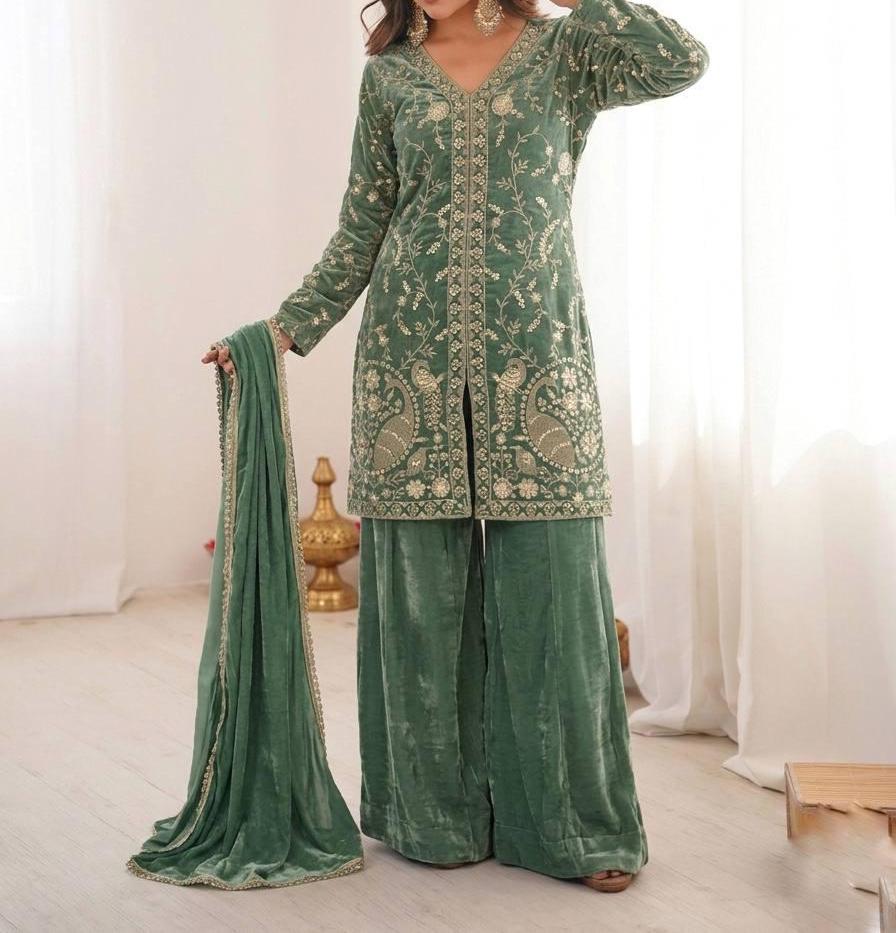 Ethnic Palazzo Set | Silk Embroidered Kurta with Dupatta | Wedding Guest Outfit