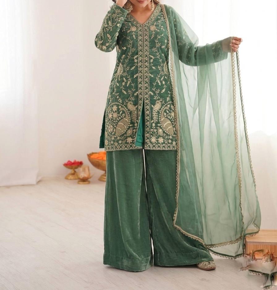 Ethnic Palazzo Set | Silk Embroidered Kurta with Dupatta | Wedding Guest Outfit