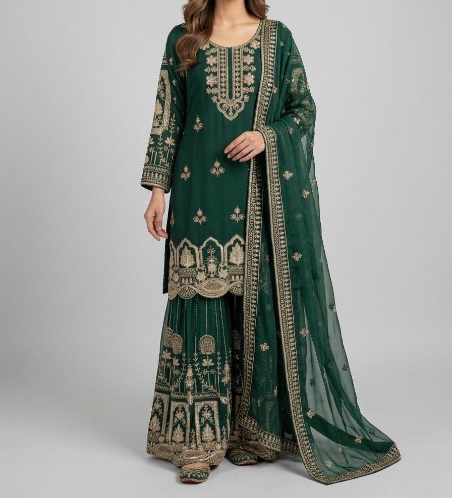 Designer Georgette Palazzo Suit Set | Sequin Embroidery Kurta, Dupatta, Sharara | Bollywood Party Wear Outfit
