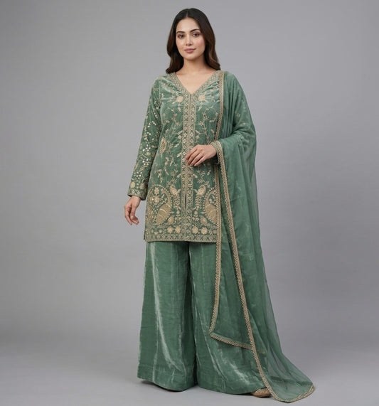 Ethnic Palazzo Set | Silk Embroidered Kurta with Dupatta | Wedding Guest Outfit