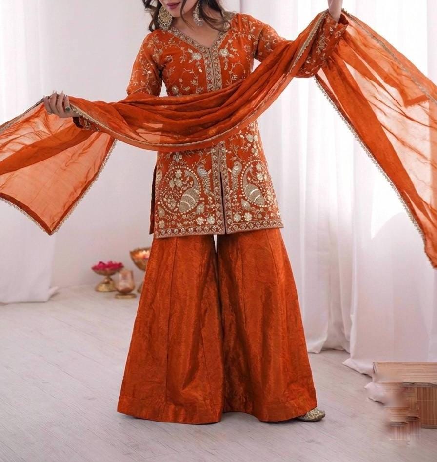 Designer Silk Suit Set with Heavy Embroidery | Kurta Palazzo with Lace Dupatta | Festive & Party Wear Outfit