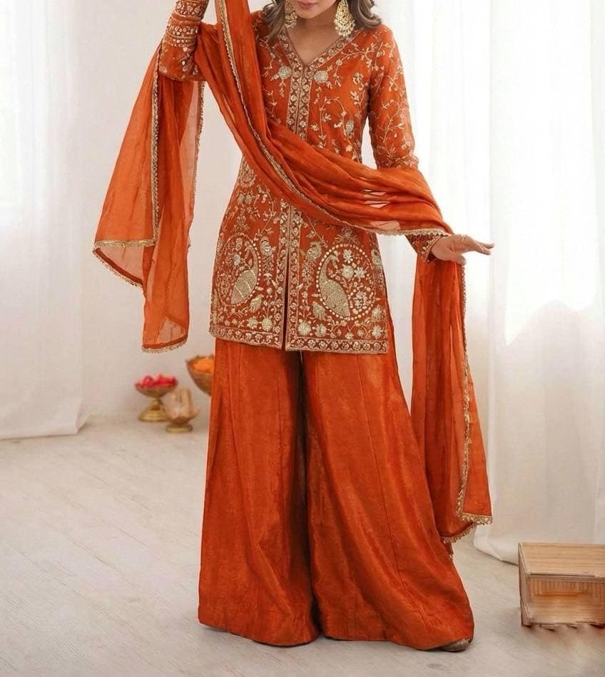 Designer Silk Suit Set with Heavy Embroidery | Kurta Palazzo with Lace Dupatta | Festive & Party Wear Outfit