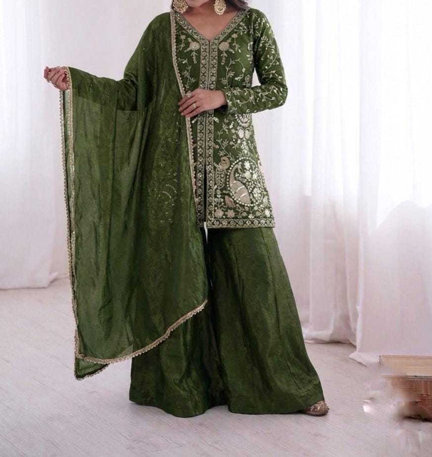Pure Silk Kurta Palazzo Set, Heavy Sequence Embroidery, Lace Dupatta