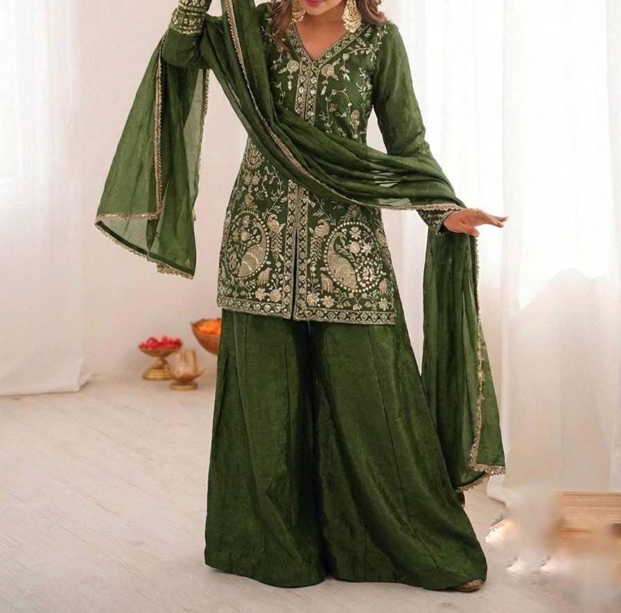 Pure Silk Kurta Palazzo Set, Heavy Sequence Embroidery, Lace Dupatta