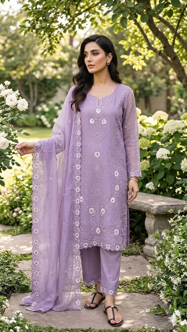 Multi Color Silk Kurta Set with Palazzo Dupatta, Thread & Sequence Work