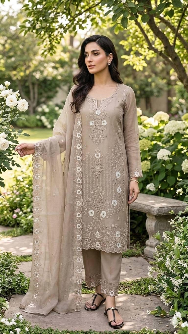 Multi Color Silk Kurta Set with Palazzo Dupatta, Thread & Sequence Work