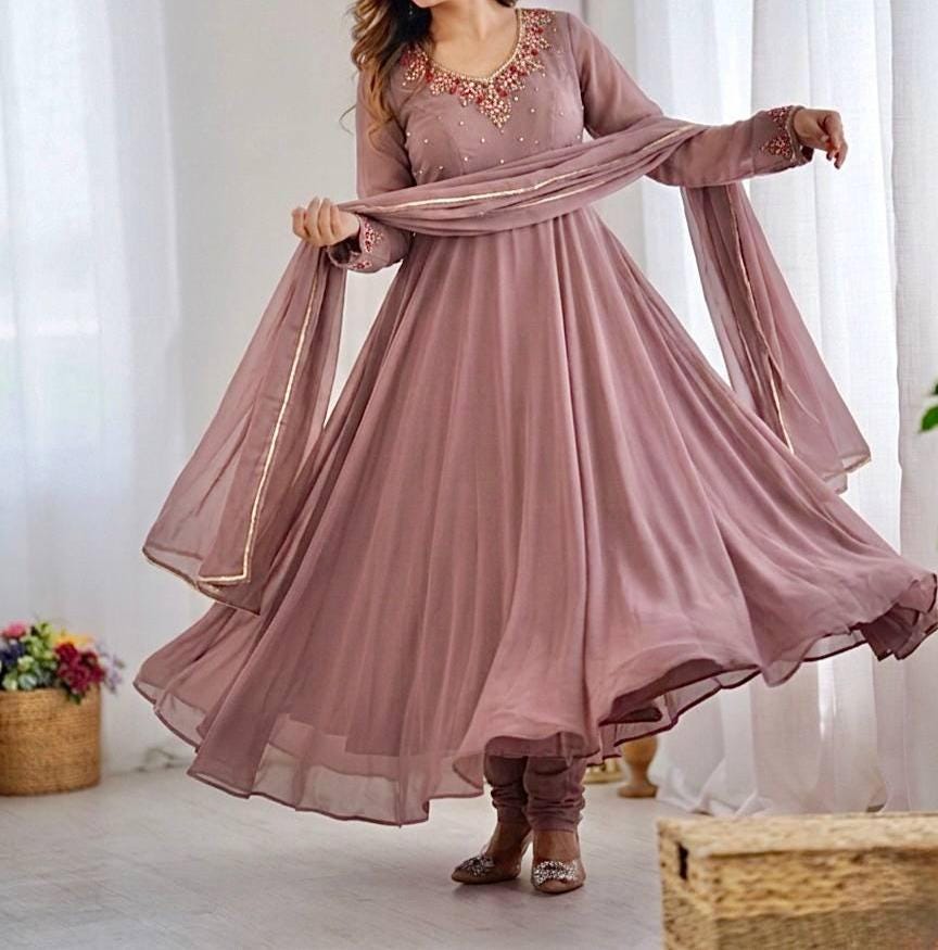 Dusty Rose Color Anarkali Gown Set with Dupatta & Pant, Heavy Georgette Handwork Design