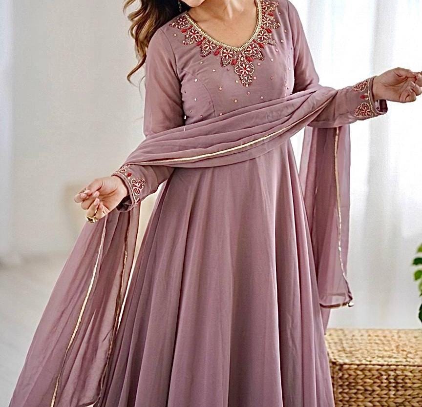 Dusty Rose Color Anarkali Gown Set with Dupatta & Pant, Heavy Georgette Handwork Design
