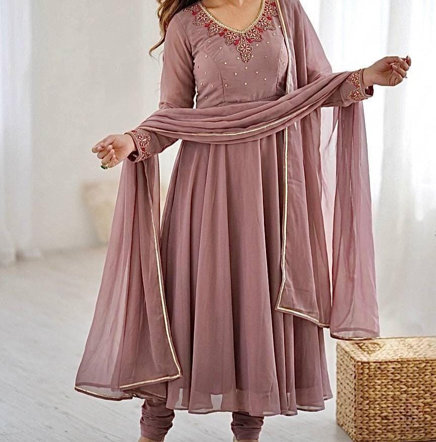 Dusty Rose Color Anarkali Gown Set with Dupatta & Pant, Heavy Georgette Handwork Design