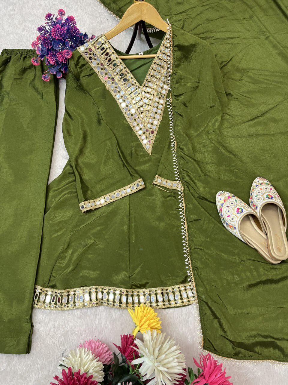 Chinon Silk Kurta Palazzo Set , Real Mirror Work Neck, Flowy Palazzo & Lace Dupatta