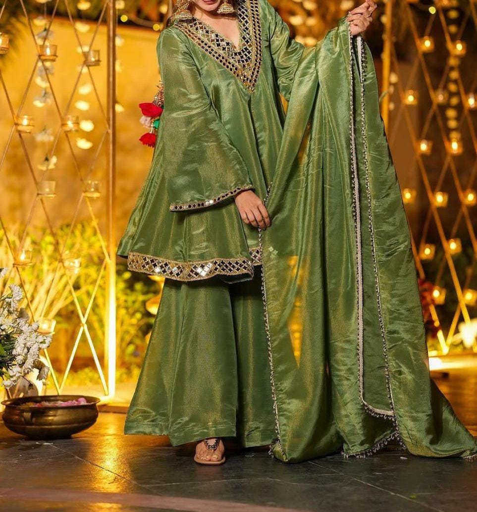 Chinon Silk Kurta Palazzo Set , Real Mirror Work Neck, Flowy Palazzo & Lace Dupatta