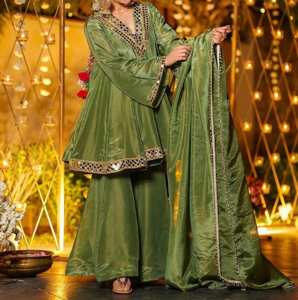 Chinon Silk Kurta Palazzo Set , Real Mirror Work Neck, Flowy Palazzo & Lace Dupatta