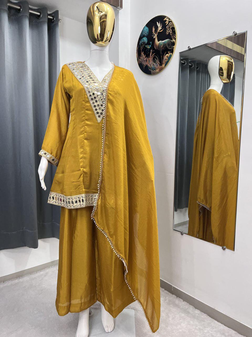 Mirror Work Chinon Silk Kurta Set , Stylish Palazzo Suit with Dupatta : Traditional Festive Wear India