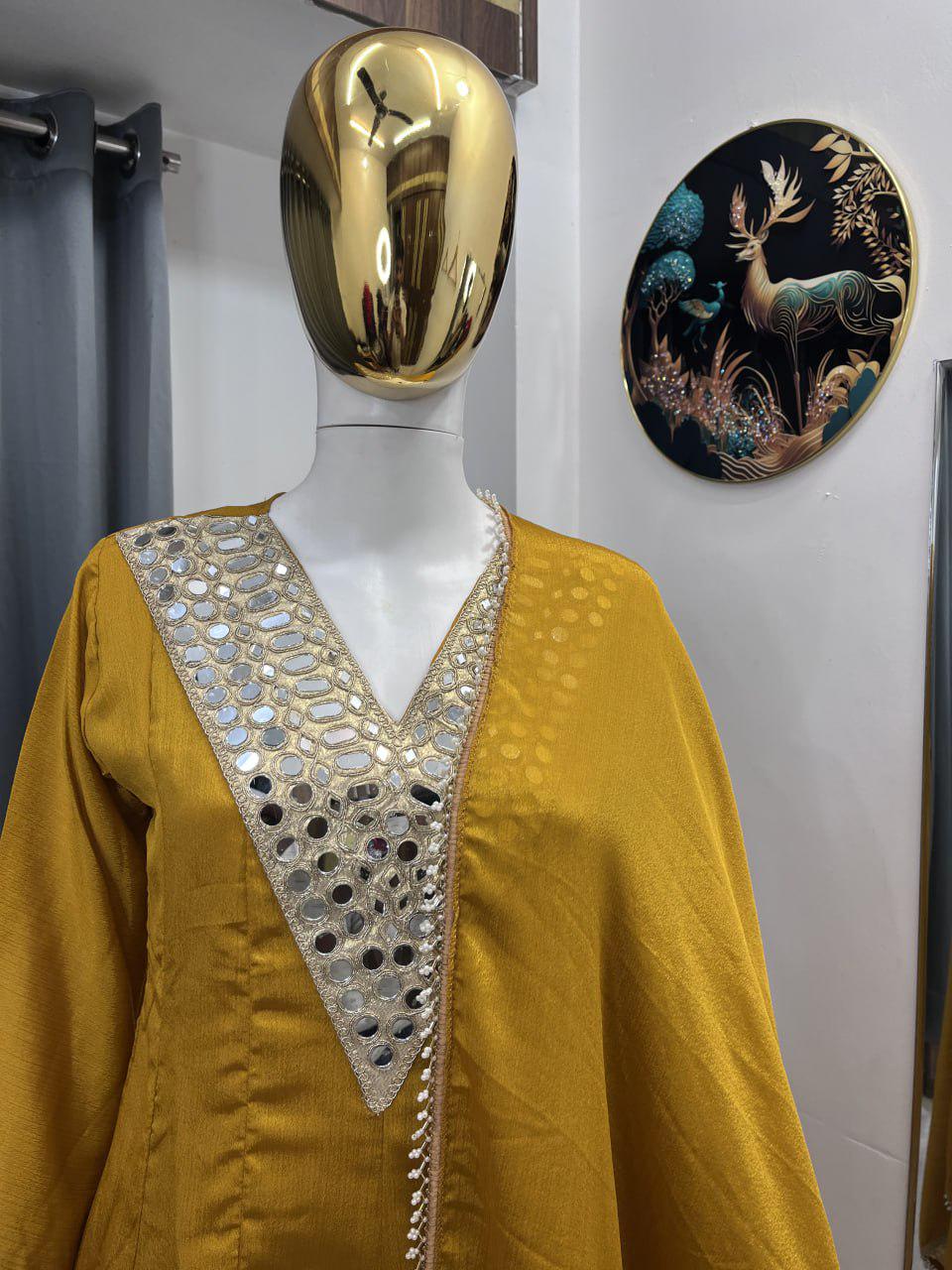 Mirror Work Chinon Silk Kurta Set , Stylish Palazzo Suit with Dupatta : Traditional Festive Wear India
