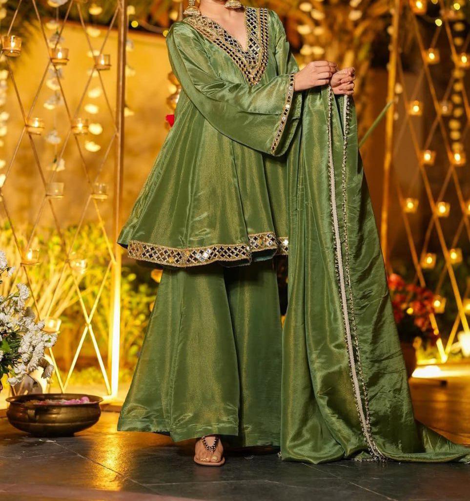 Chinon Silk Kurta Palazzo Set , Real Mirror Work Neck, Flowy Palazzo & Lace Dupatta