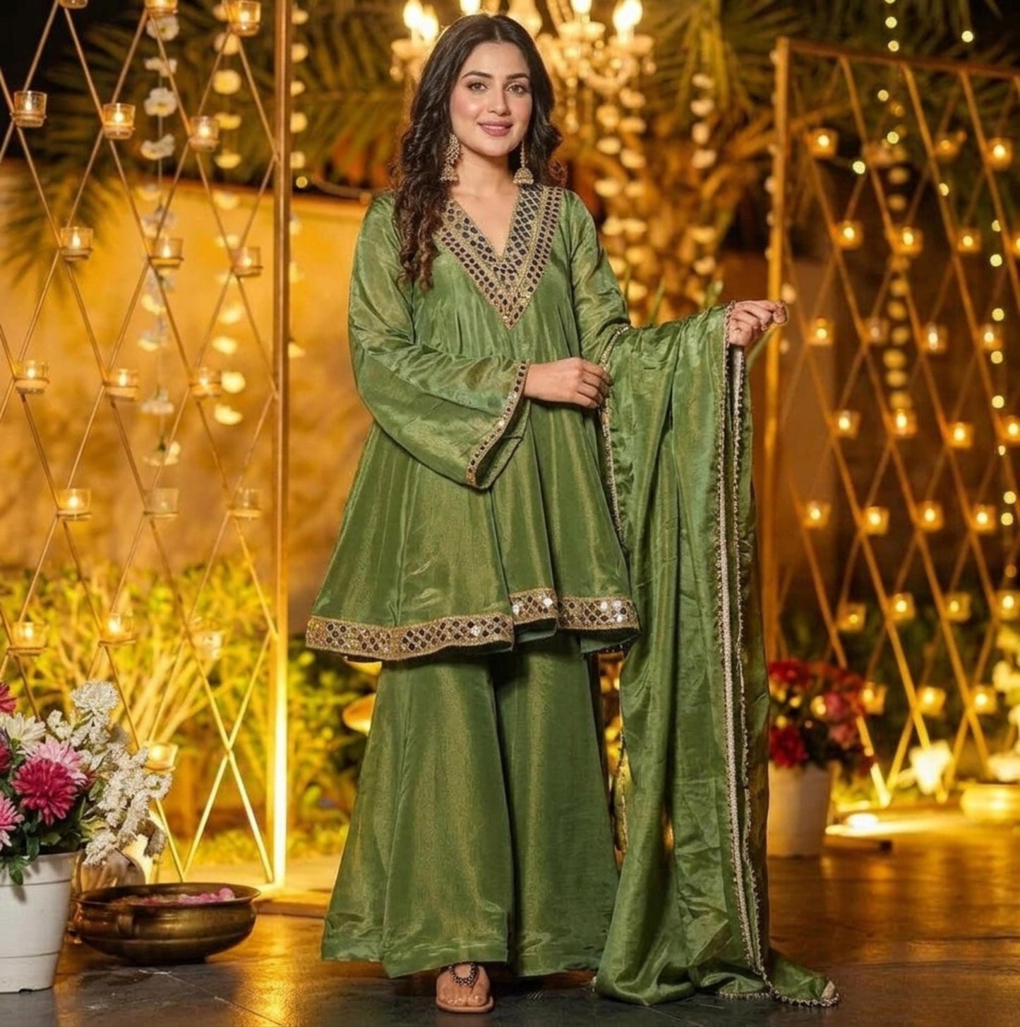 Chinon Silk Kurta Palazzo Set , Real Mirror Work Neck, Flowy Palazzo & Lace Dupatta