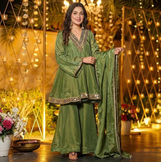 Chinon Silk Kurta Palazzo Set , Real Mirror Work Neck, Flowy Palazzo & Lace Dupatta