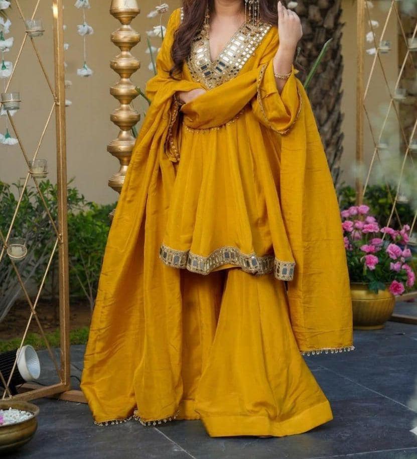 Mirror Work Chinon Silk Kurta Set , Stylish Palazzo Suit with Dupatta : Traditional Festive Wear India