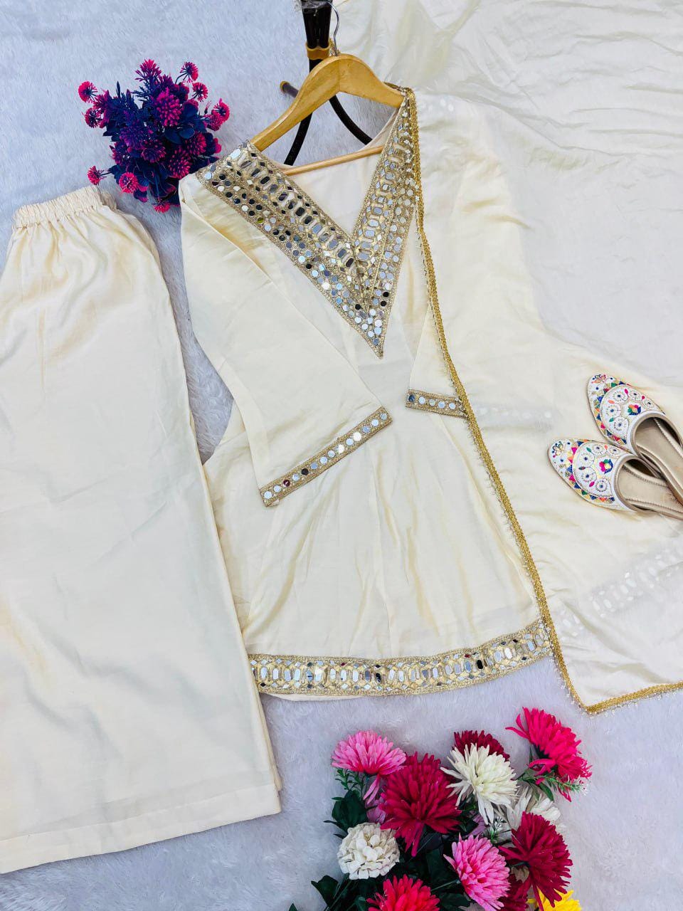 Mirror Work Chinon Silk Kurta Palazzo Set with Dupatta, Elegant Indian Ethnic Outfit for Women, Festive Party Wear (M-XXL)