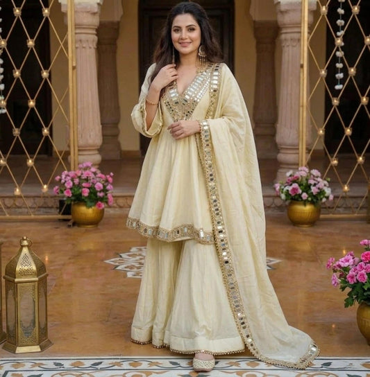 Mirror Work Chinon Silk Kurta Palazzo Set with Dupatta, Elegant Indian Ethnic Outfit for Women, Festive Party Wear (M-XXL)