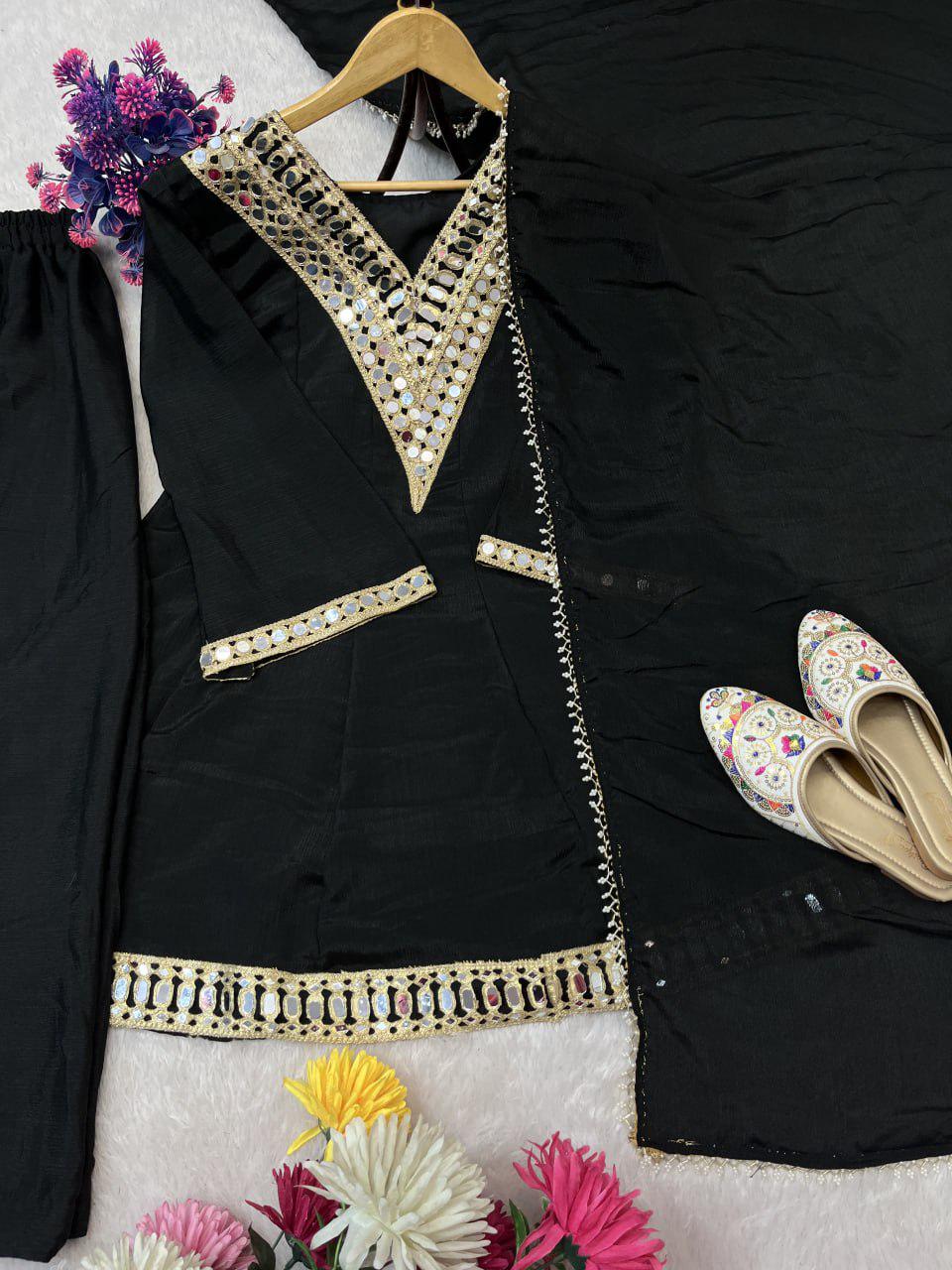 Black Chinon Silk Kurta Palazzo Set, Mirror Work Neck, Festive Ethnic Outfit