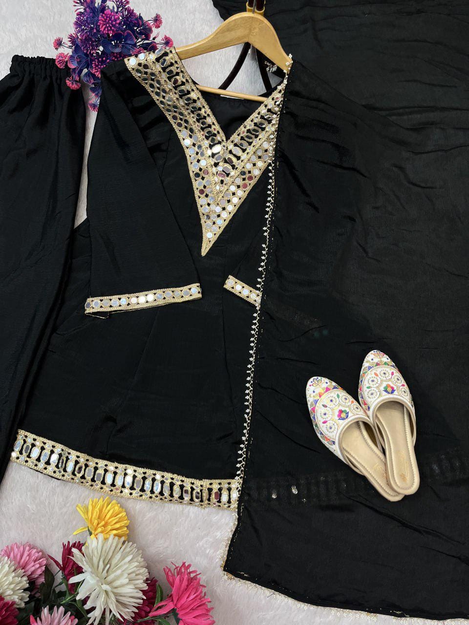Black Chinon Silk Kurta Palazzo Set, Mirror Work Neck, Festive Ethnic Outfit