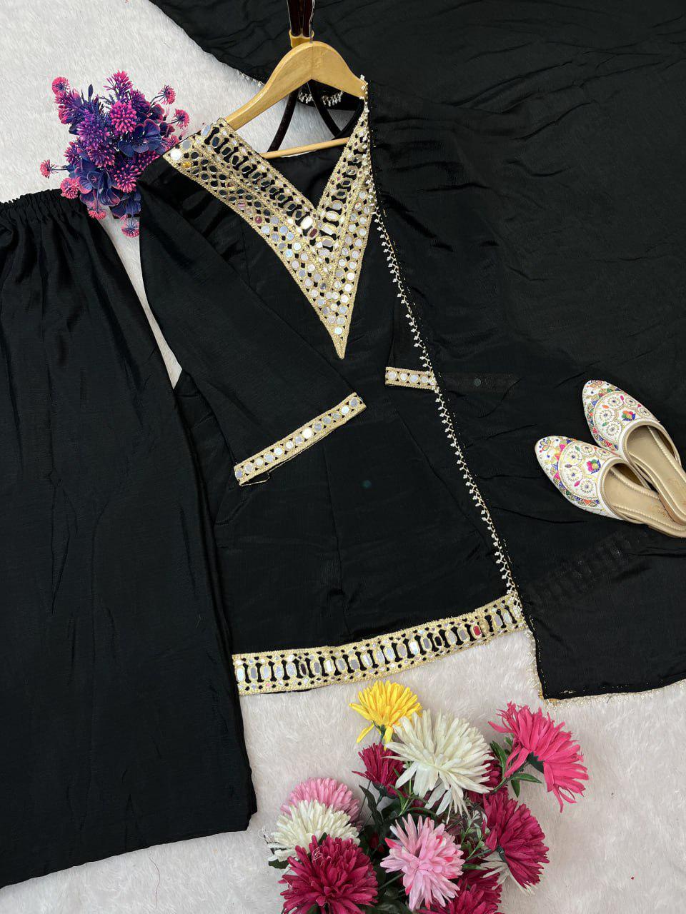 Black Chinon Silk Kurta Palazzo Set, Mirror Work Neck, Festive Ethnic Outfit